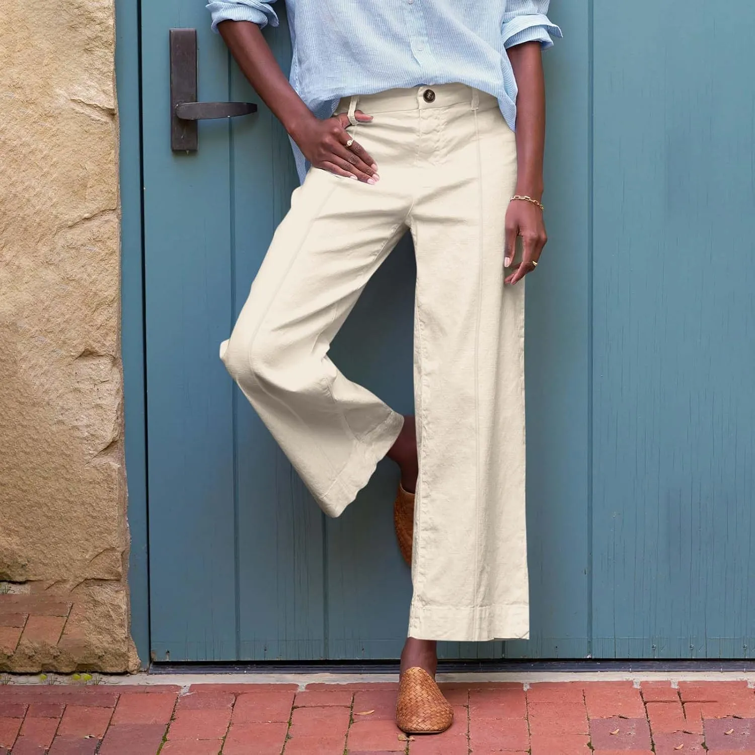 Wide Leg Linen Pants for Women Comfy Elastic Waist Dress Pants Summer Business Casual Palazzo Pants with Pockets