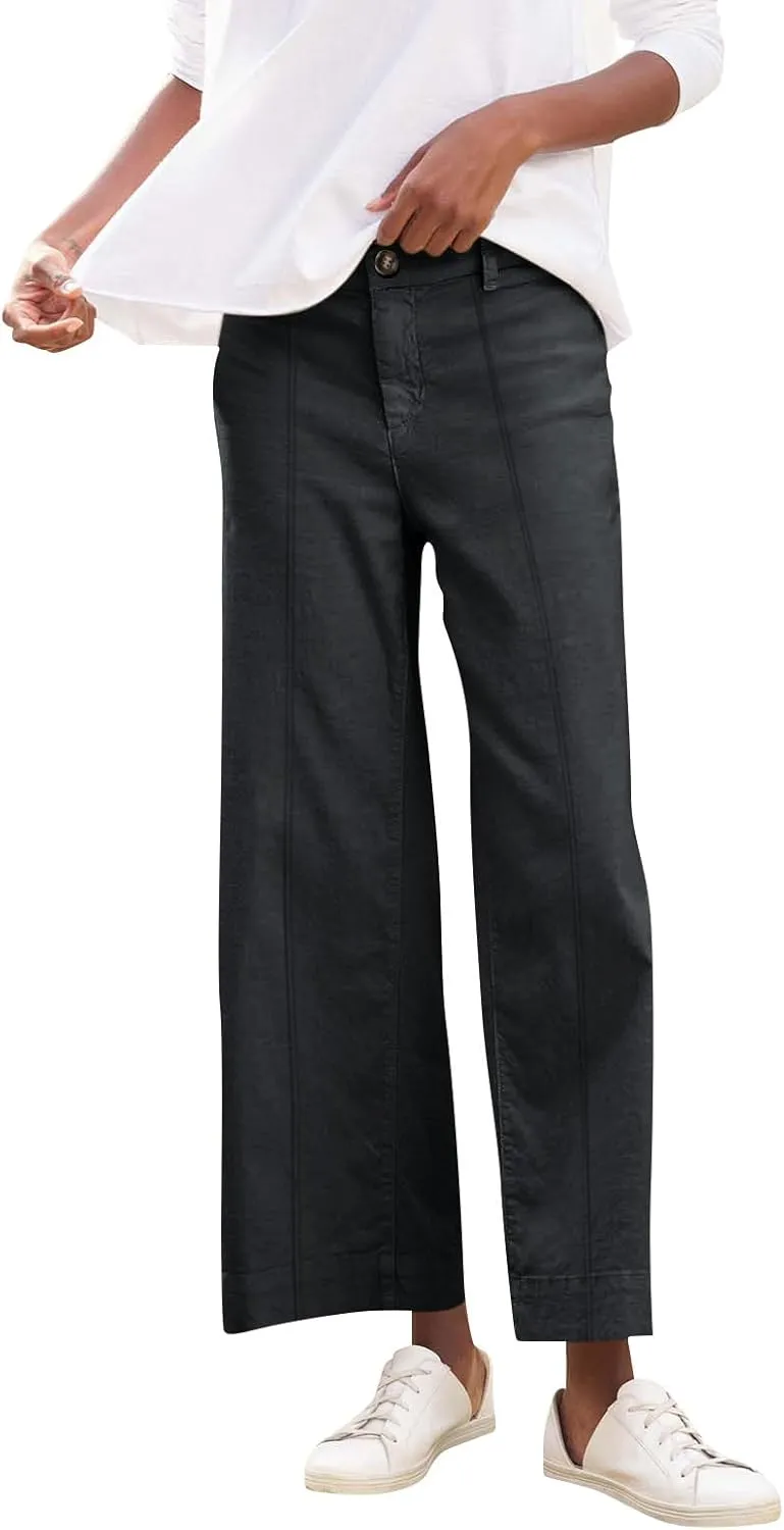 Wide Leg Linen Pants for Women Comfy Elastic Waist Dress Pants Summer Business Casual Palazzo Pants with Pockets