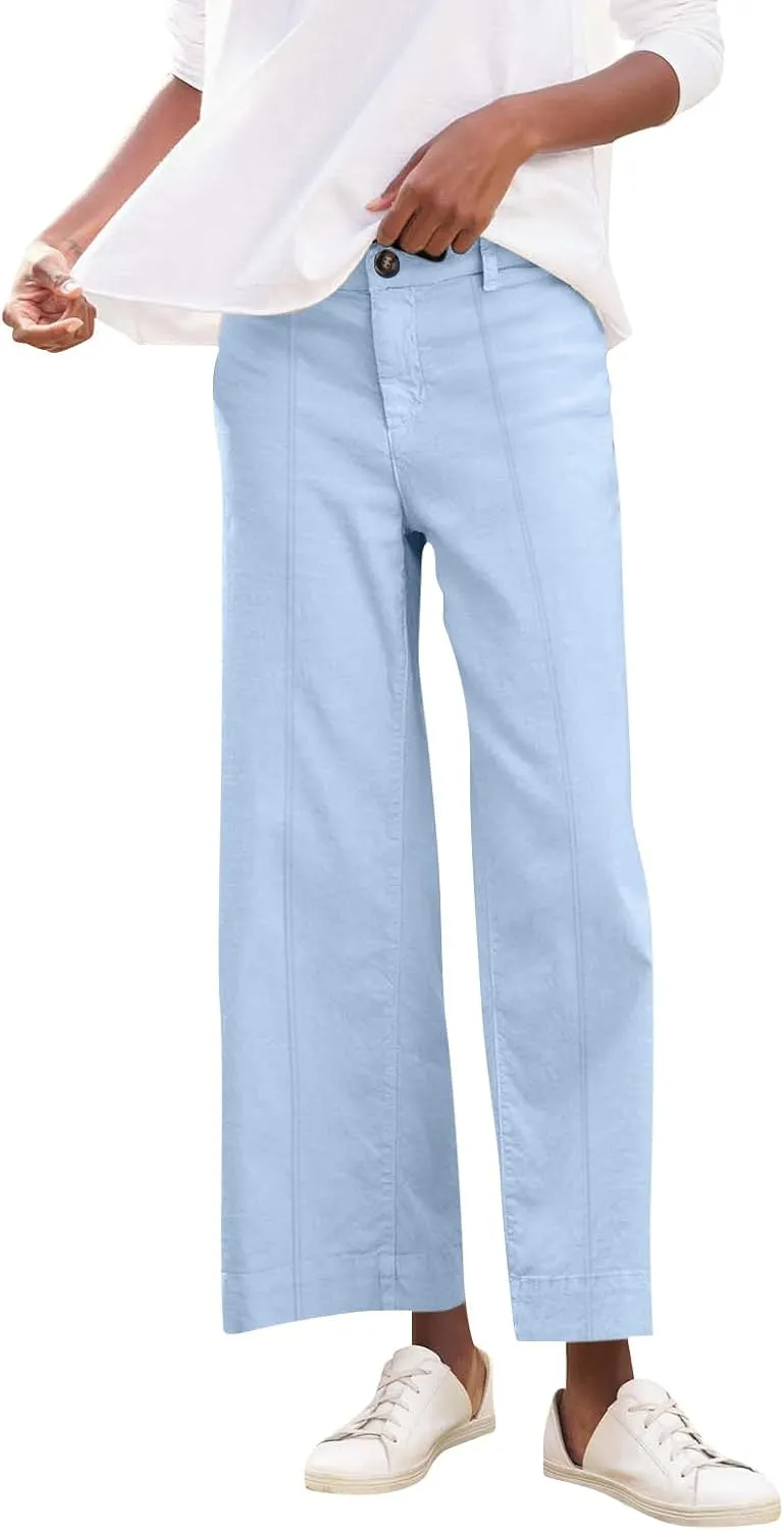 Wide Leg Linen Pants for Women Comfy Elastic Waist Dress Pants Summer Business Casual Palazzo Pants with Pockets