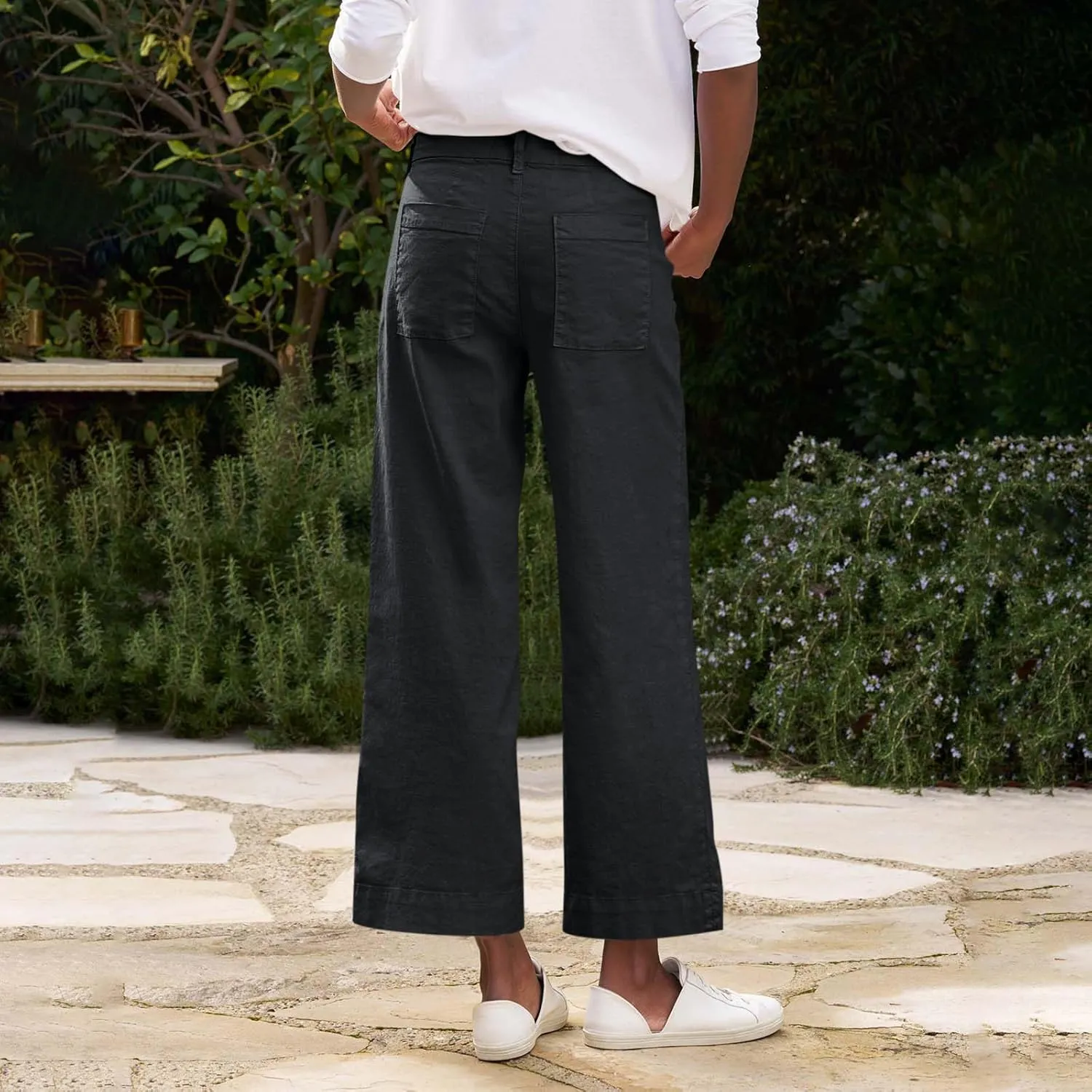 Wide Leg Linen Pants for Women Comfy Elastic Waist Dress Pants Summer Business Casual Palazzo Pants with Pockets