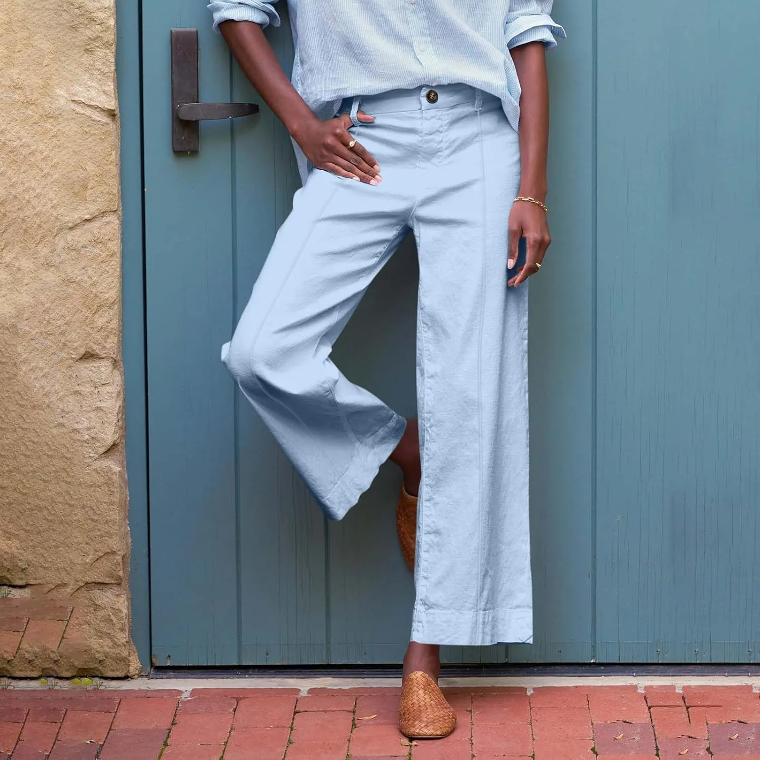 Wide Leg Linen Pants for Women Comfy Elastic Waist Dress Pants Summer Business Casual Palazzo Pants with Pockets