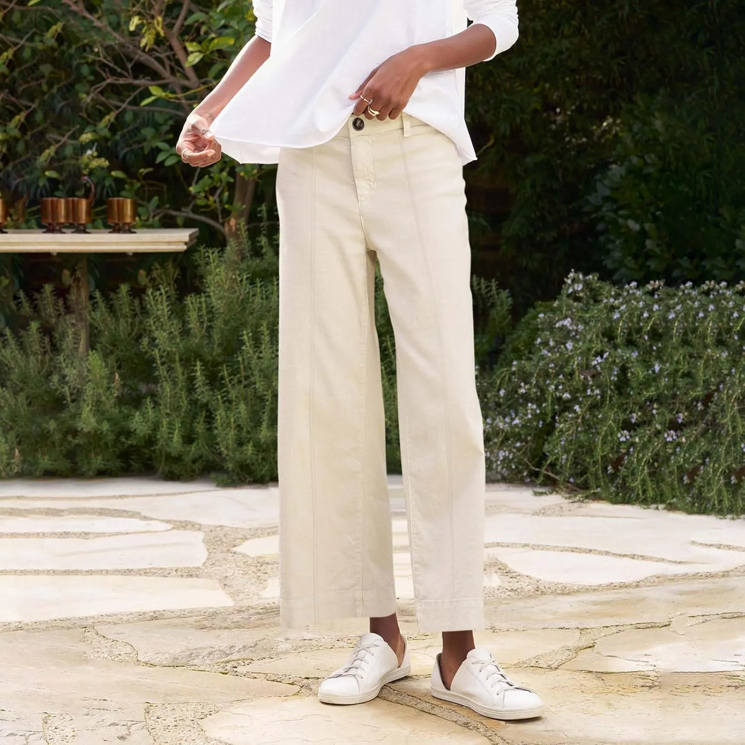 Wide Leg Linen Pants for Women Comfy Elastic Waist Dress Pants Summer Business Casual Palazzo Pants with Pockets
