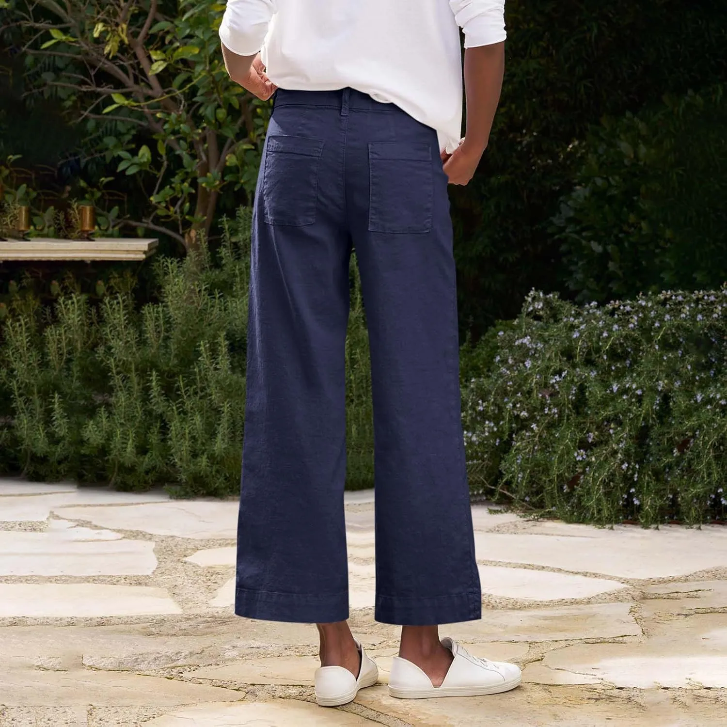 Wide Leg Linen Pants for Women Comfy Elastic Waist Dress Pants Summer Business Casual Palazzo Pants with Pockets