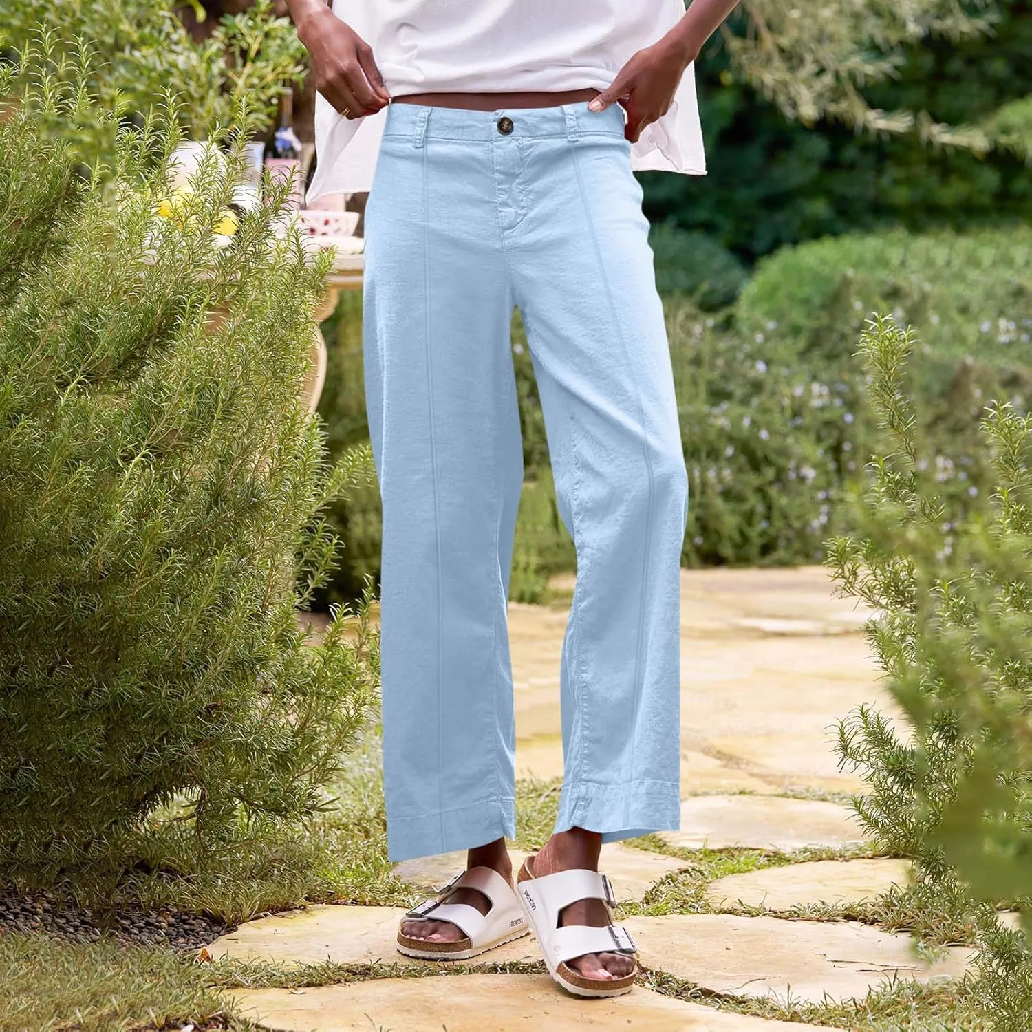 Wide Leg Linen Pants for Women Comfy Elastic Waist Dress Pants Summer Business Casual Palazzo Pants with Pockets