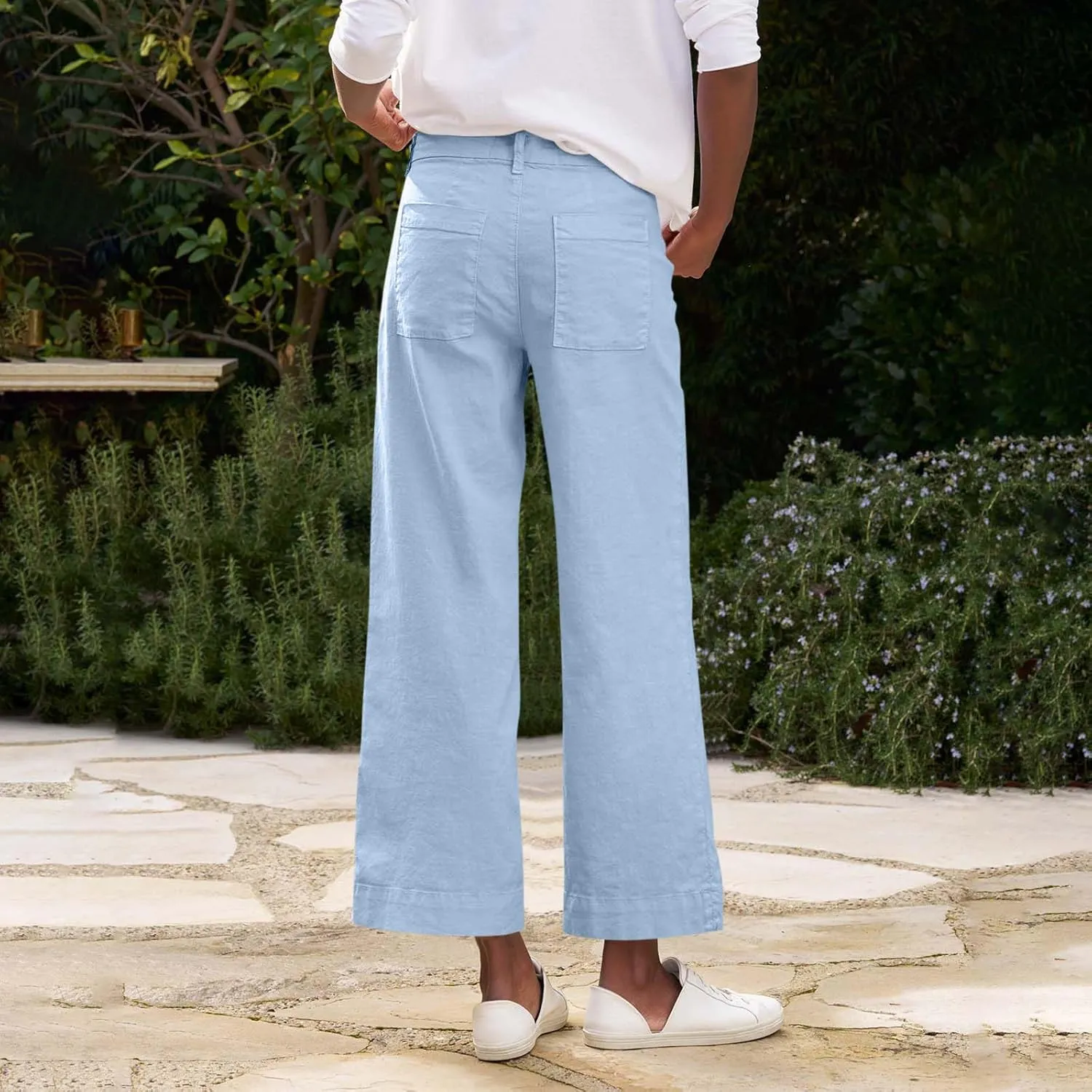 Wide Leg Linen Pants for Women Comfy Elastic Waist Dress Pants Summer Business Casual Palazzo Pants with Pockets