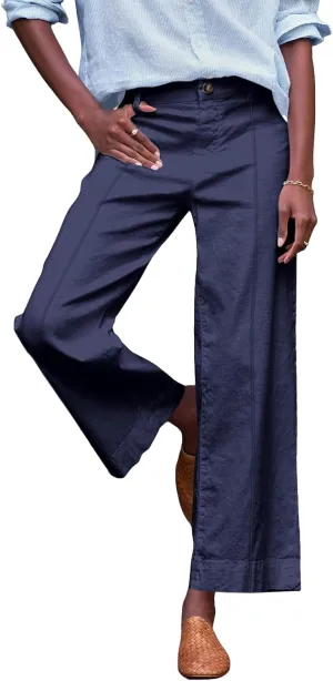 Wide Leg Linen Pants for Women Comfy Elastic Waist Dress Pants Summer Business Casual Palazzo Pants with Pockets