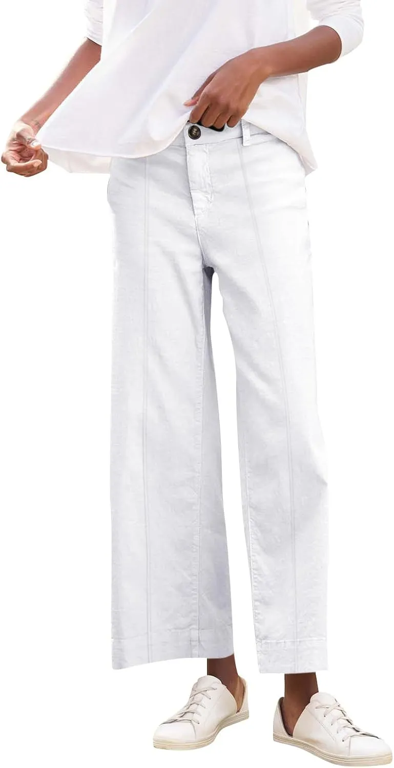 Wide Leg Linen Pants for Women Comfy Elastic Waist Dress Pants Summer Business Casual Palazzo Pants with Pockets
