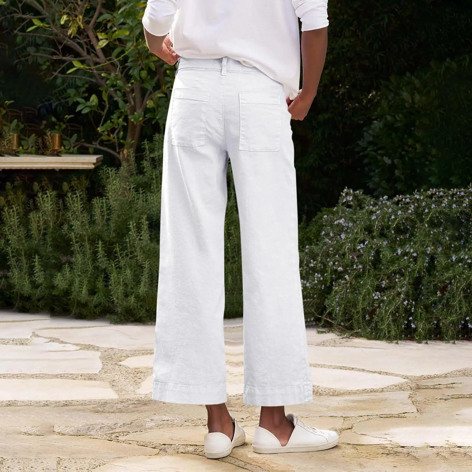 Wide Leg Linen Pants for Women Comfy Elastic Waist Dress Pants Summer Business Casual Palazzo Pants with Pockets