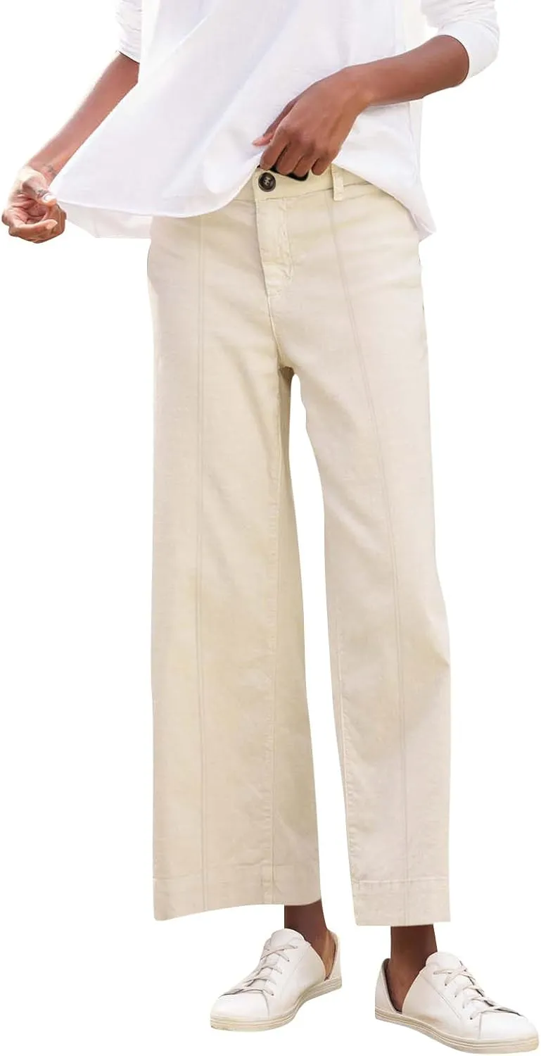 Wide Leg Linen Pants for Women Comfy Elastic Waist Dress Pants Summer Business Casual Palazzo Pants with Pockets