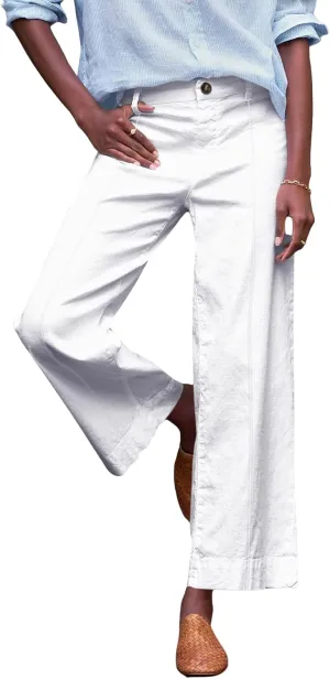 Wide Leg Linen Pants for Women Comfy Elastic Waist Dress Pants Summer Business Casual Palazzo Pants with Pockets