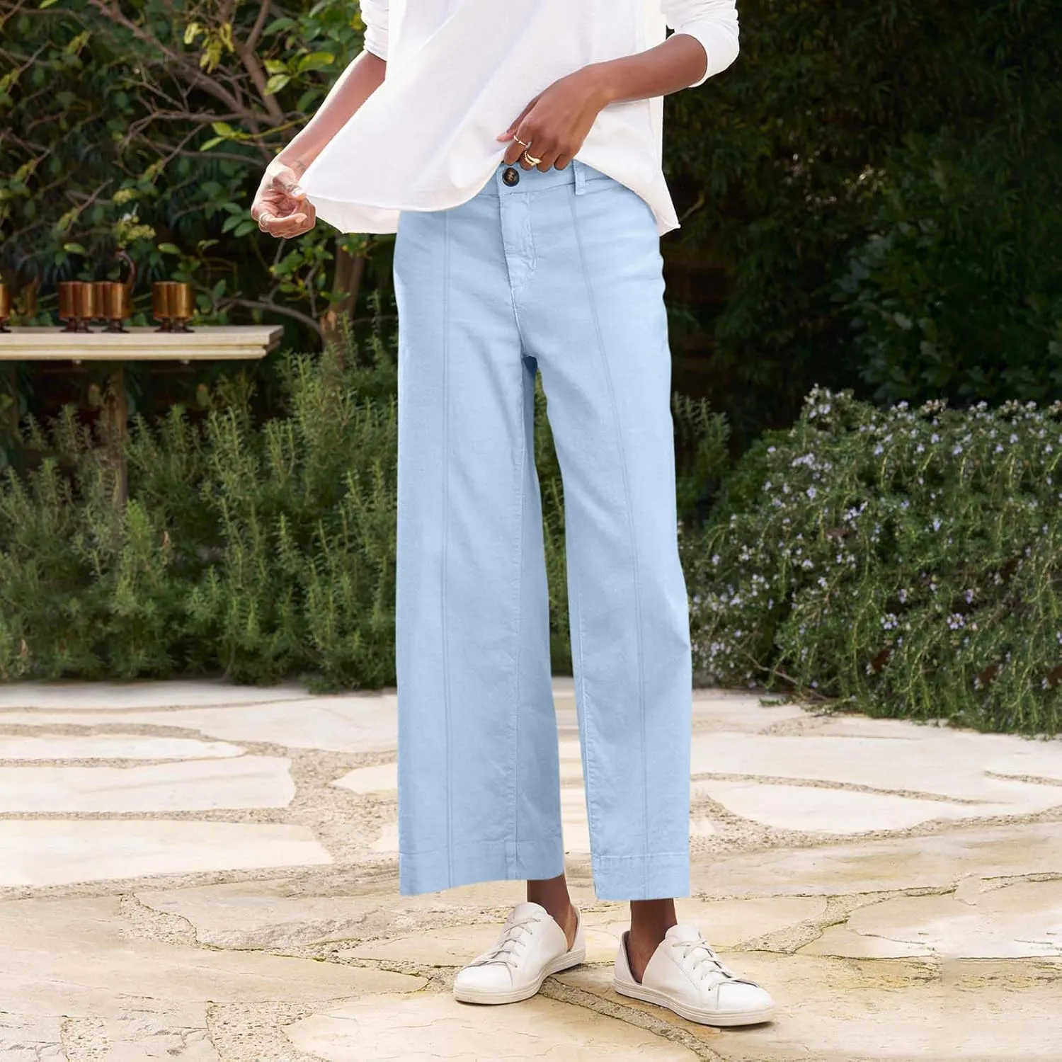 Wide Leg Linen Pants for Women Comfy Elastic Waist Dress Pants Summer Business Casual Palazzo Pants with Pockets