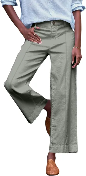Wide Leg Linen Pants for Women Comfy Elastic Waist Dress Pants Summer Business Casual Palazzo Pants with Pockets