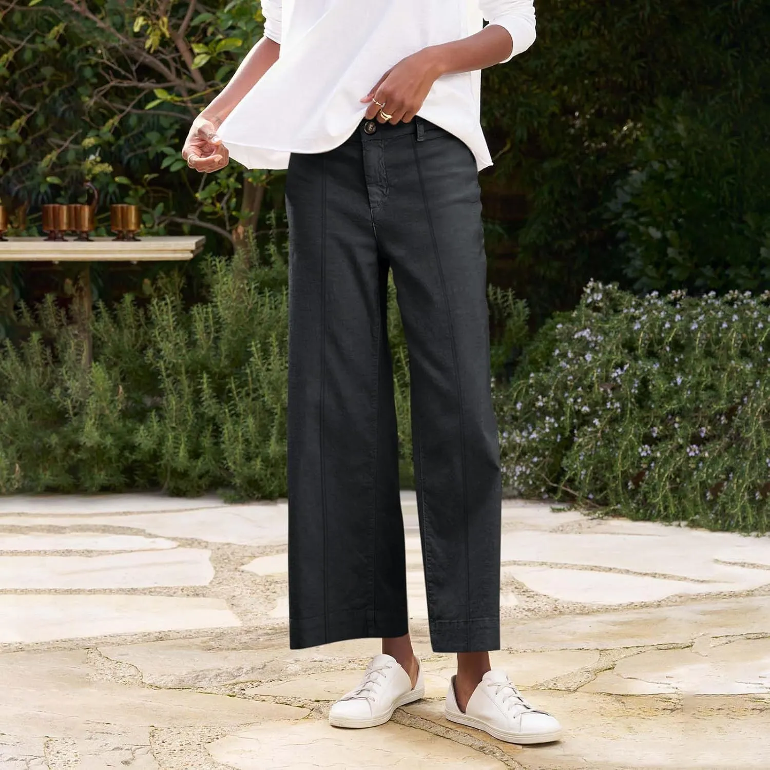 Wide Leg Linen Pants for Women Comfy Elastic Waist Dress Pants Summer Business Casual Palazzo Pants with Pockets