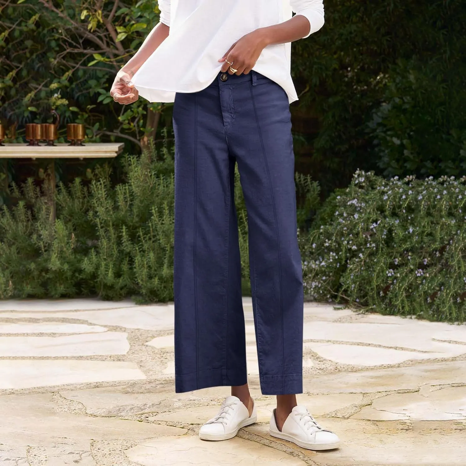 Wide Leg Linen Pants for Women Comfy Elastic Waist Dress Pants Summer Business Casual Palazzo Pants with Pockets