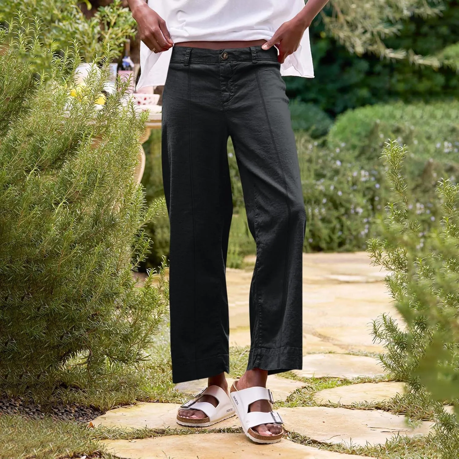 Wide Leg Linen Pants for Women Comfy Elastic Waist Dress Pants Summer Business Casual Palazzo Pants with Pockets