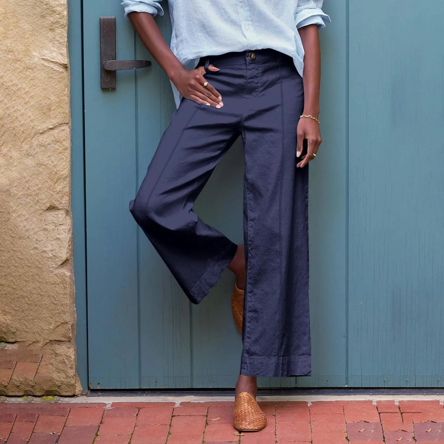 Wide Leg Linen Pants for Women Comfy Elastic Waist Dress Pants Summer Business Casual Palazzo Pants with Pockets