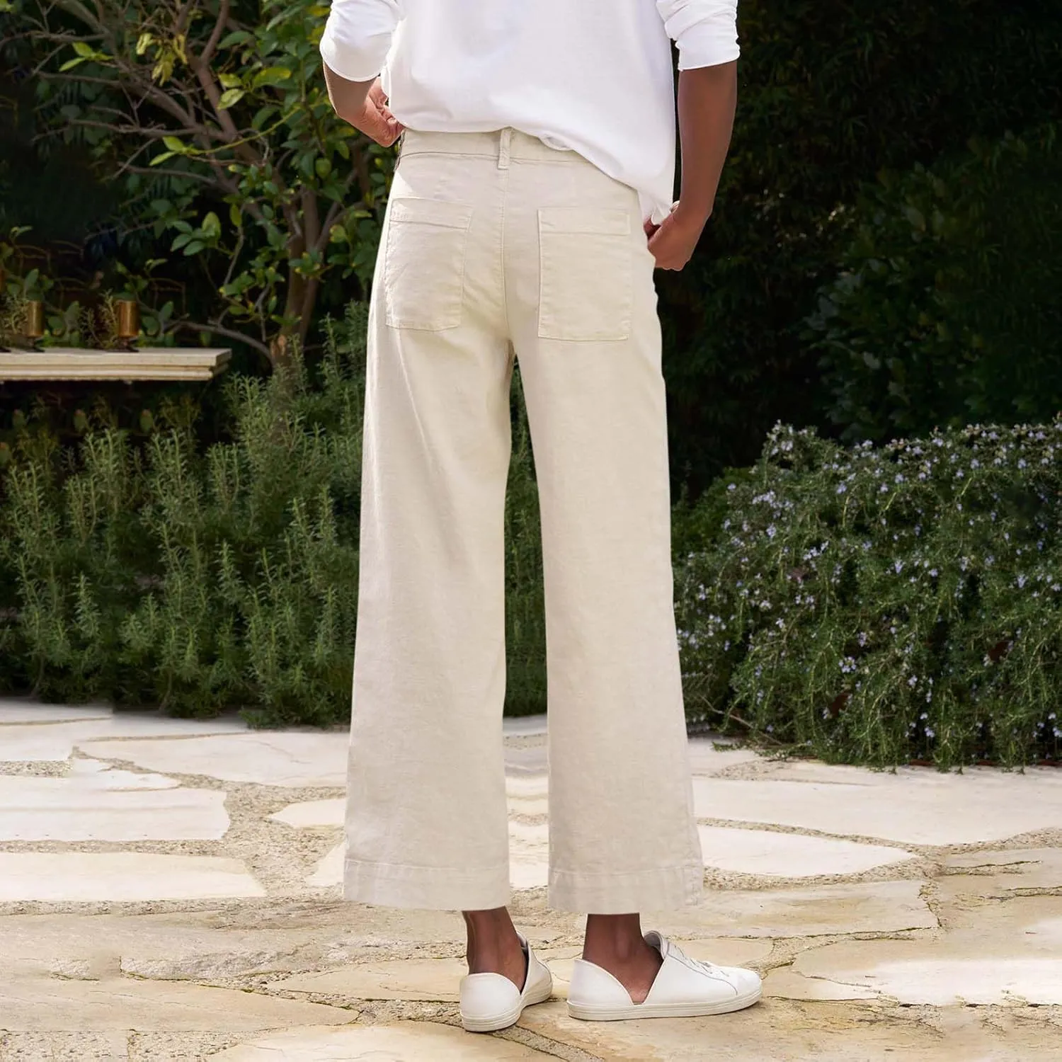 Wide Leg Linen Pants for Women Comfy Elastic Waist Dress Pants Summer Business Casual Palazzo Pants with Pockets