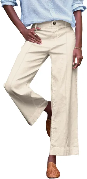 Wide Leg Linen Pants for Women Comfy Elastic Waist Dress Pants Summer Business Casual Palazzo Pants with Pockets