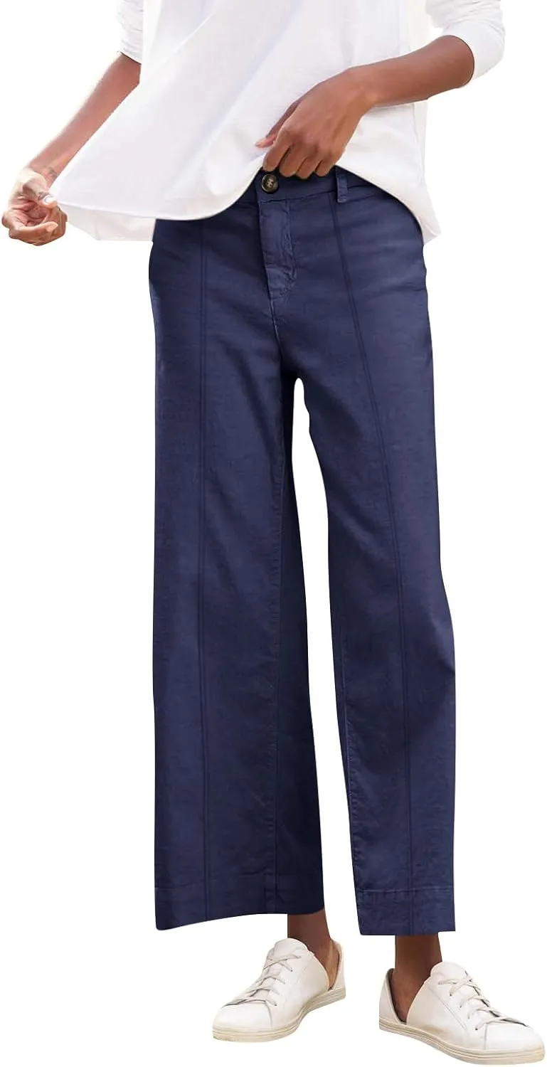 Wide Leg Linen Pants for Women Comfy Elastic Waist Dress Pants Summer Business Casual Palazzo Pants with Pockets