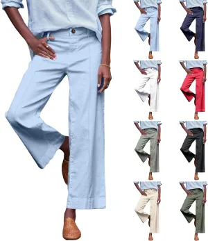 Wide Leg Linen Pants for Women Comfy Elastic Waist Dress Pants Summer Business Casual Palazzo Pants with Pockets