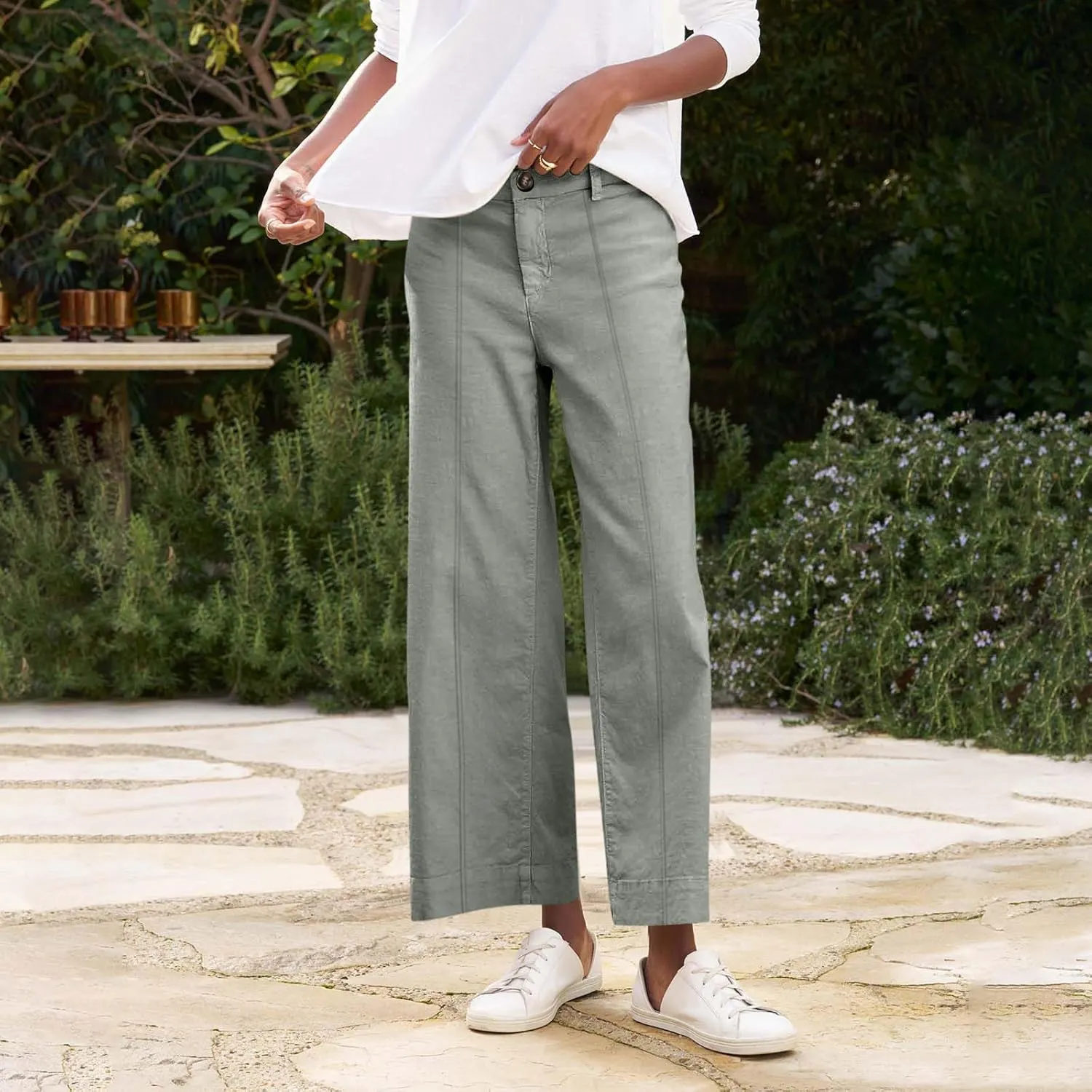 Wide Leg Linen Pants for Women Comfy Elastic Waist Dress Pants Summer Business Casual Palazzo Pants with Pockets