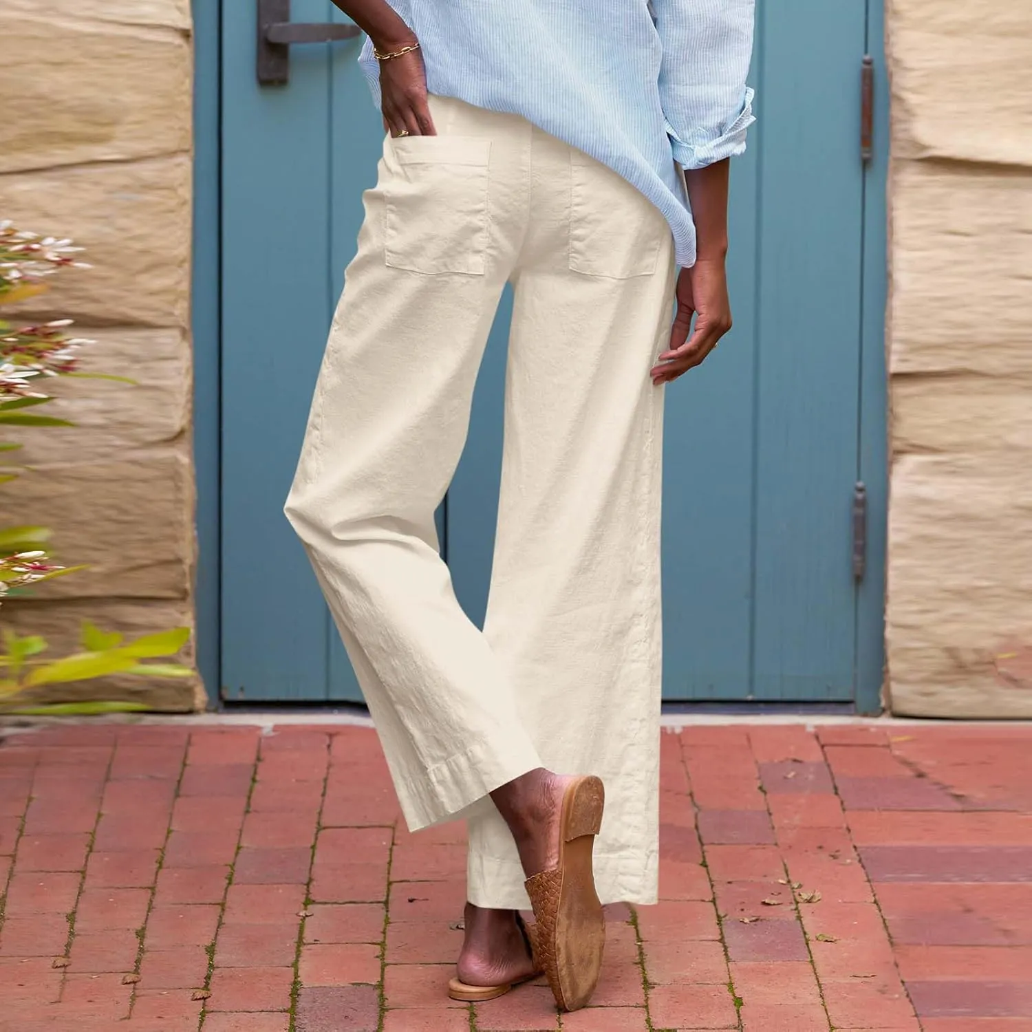 Wide Leg Linen Pants for Women Comfy Elastic Waist Dress Pants Summer Business Casual Palazzo Pants with Pockets