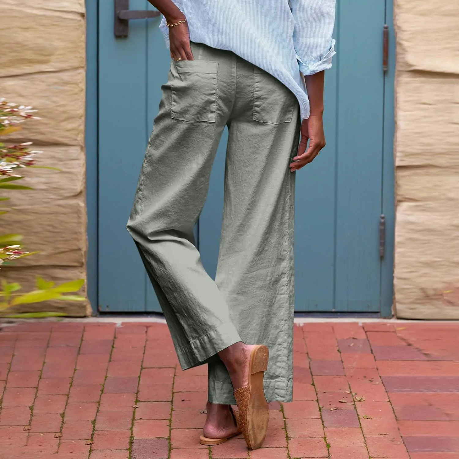 Wide Leg Linen Pants for Women Comfy Elastic Waist Dress Pants Summer Business Casual Palazzo Pants with Pockets
