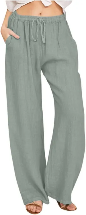 Wide Leg Linen Pants for Women Drawstring Waist Lightweight Summer Pants with Pocket Baggy Cotton Linen Palazzo Pants