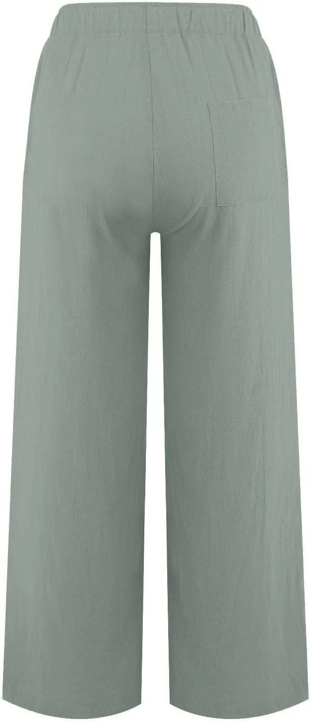 Wide Leg Linen Pants for Women Drawstring Waist Lightweight Summer Pants with Pocket Baggy Cotton Linen Palazzo Pants