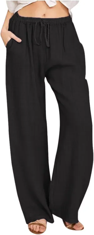 Wide Leg Linen Pants for Women Drawstring Waist Lightweight Summer Pants with Pocket Baggy Cotton Linen Palazzo Pants