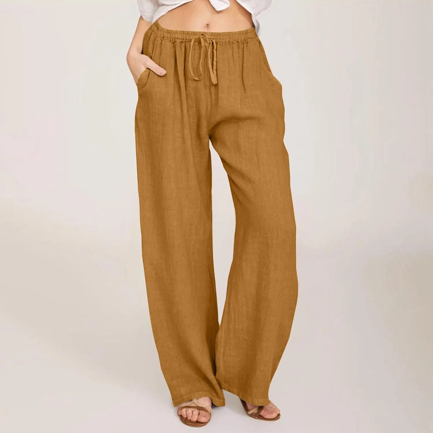 Wide Leg Linen Pants for Women Drawstring Waist Lightweight Summer Pants with Pocket Baggy Cotton Linen Palazzo Pants