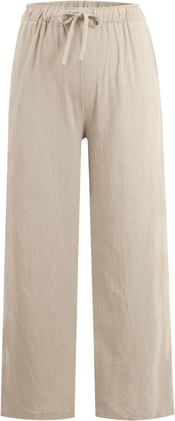 Wide Leg Linen Pants for Women Drawstring Waist Lightweight Summer Pants with Pocket Baggy Cotton Linen Palazzo Pants
