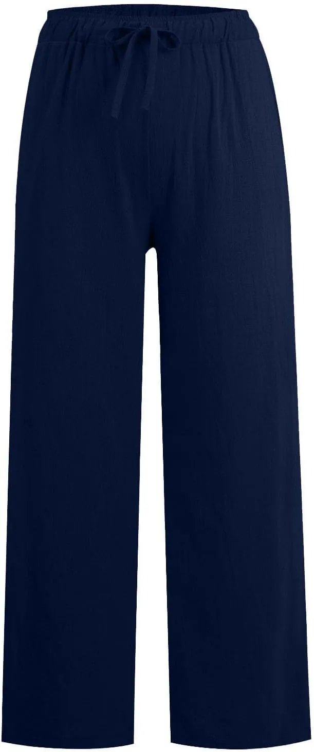 Wide Leg Linen Pants for Women Drawstring Waist Lightweight Summer Pants with Pocket Baggy Cotton Linen Palazzo Pants