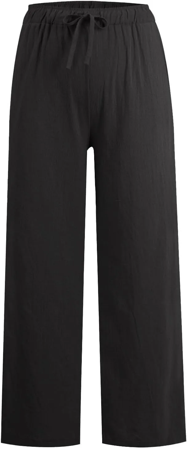 Wide Leg Linen Pants for Women Drawstring Waist Lightweight Summer Pants with Pocket Baggy Cotton Linen Palazzo Pants