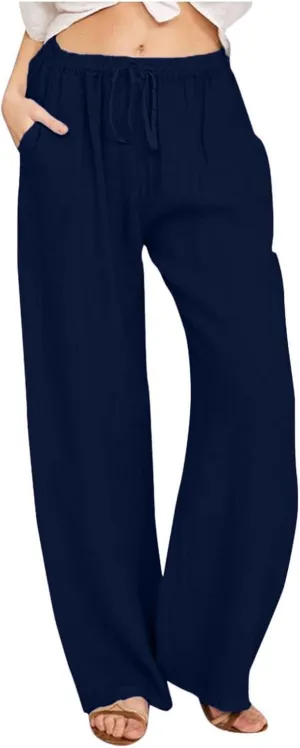 Wide Leg Linen Pants for Women Drawstring Waist Lightweight Summer Pants with Pocket Baggy Cotton Linen Palazzo Pants