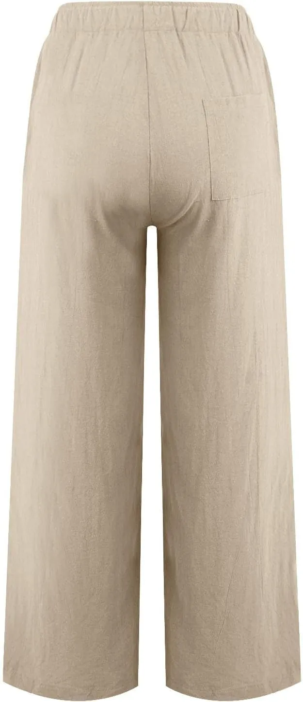 Wide Leg Linen Pants for Women Drawstring Waist Lightweight Summer Pants with Pocket Baggy Cotton Linen Palazzo Pants