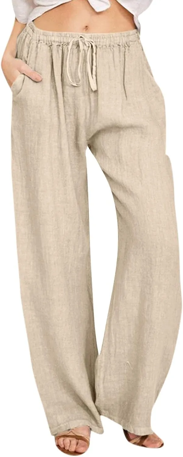 Wide Leg Linen Pants for Women Drawstring Waist Lightweight Summer Pants with Pocket Baggy Cotton Linen Palazzo Pants