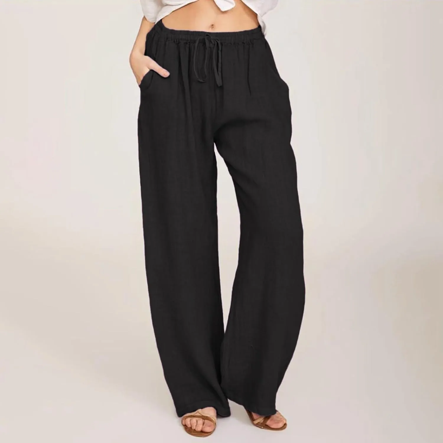 Wide Leg Linen Pants for Women Drawstring Waist Lightweight Summer Pants with Pocket Baggy Cotton Linen Palazzo Pants