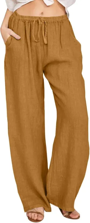 Wide Leg Linen Pants for Women Drawstring Waist Lightweight Summer Pants with Pocket Baggy Cotton Linen Palazzo Pants