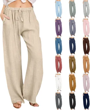 Wide Leg Linen Pants for Women Drawstring Waist Lightweight Summer Pants with Pocket Baggy Cotton Linen Palazzo Pants
