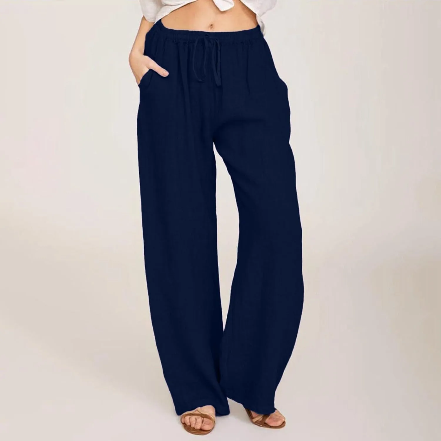 Wide Leg Linen Pants for Women Drawstring Waist Lightweight Summer Pants with Pocket Baggy Cotton Linen Palazzo Pants