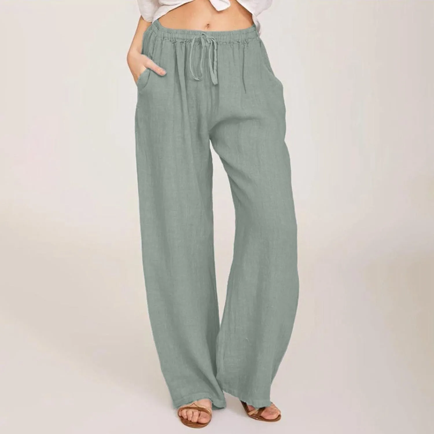 Wide Leg Linen Pants for Women Drawstring Waist Lightweight Summer Pants with Pocket Baggy Cotton Linen Palazzo Pants