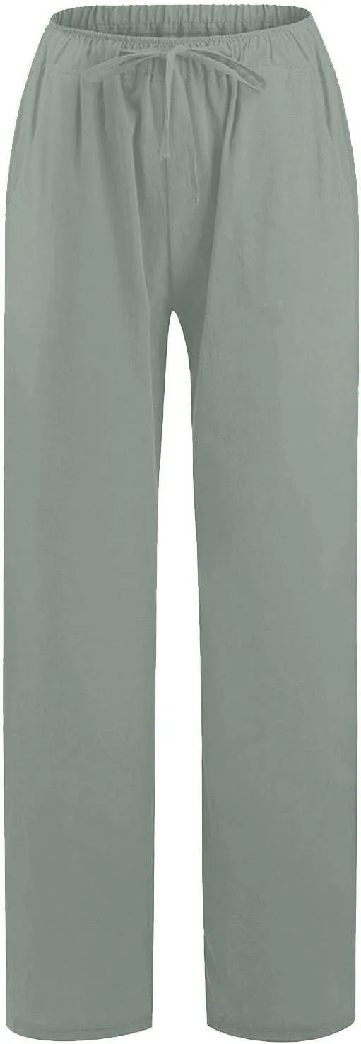 Wide Leg Linen Pants for Women Drawstring Waist Lightweight Summer Pants with Pocket Baggy Cotton Linen Palazzo Pants