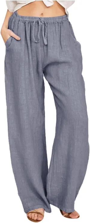 Wide Leg Linen Pants for Women Drawstring Waist Lightweight Summer Pants with Pocket Baggy Cotton Linen Palazzo Pants