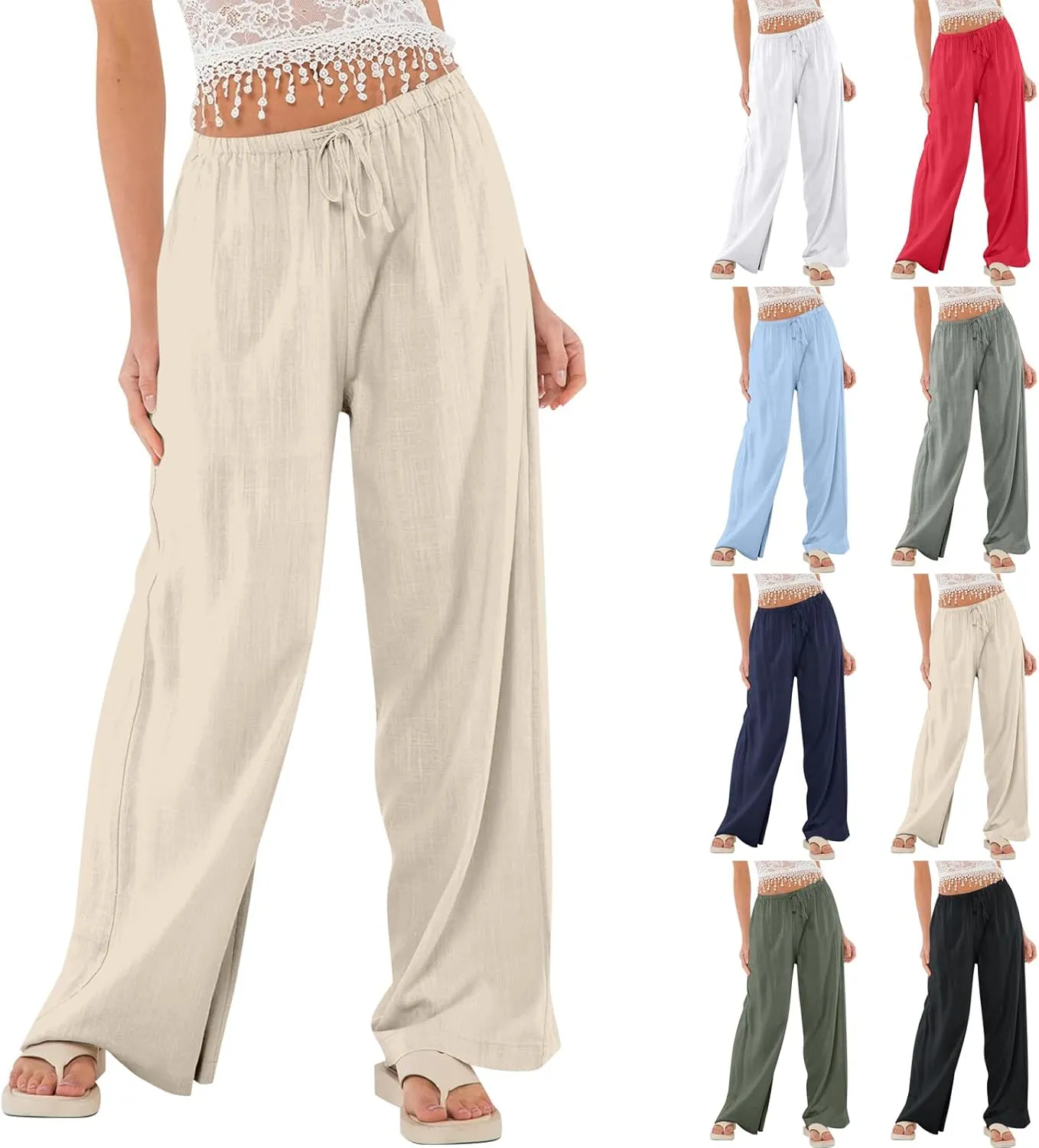 Wide Leg Linen Pants for Women High Waisted Palazzo Pants Casual Summer Trousers Pants Loose Lounge Pants with Pockets