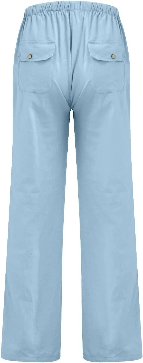 Wide Leg Linen Pants for Women Plus Size Drawstring High Waisted Palazzo Pants Baggy Flowy Boho Long Beach Pants 2025