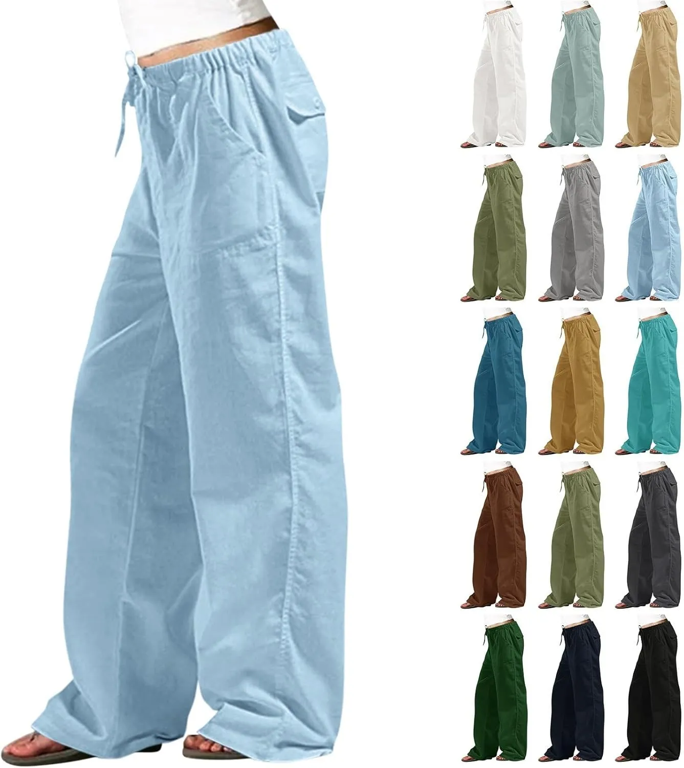 Wide Leg Linen Pants for Women Plus Size Drawstring High Waisted Palazzo Pants Baggy Flowy Boho Long Beach Pants 2025