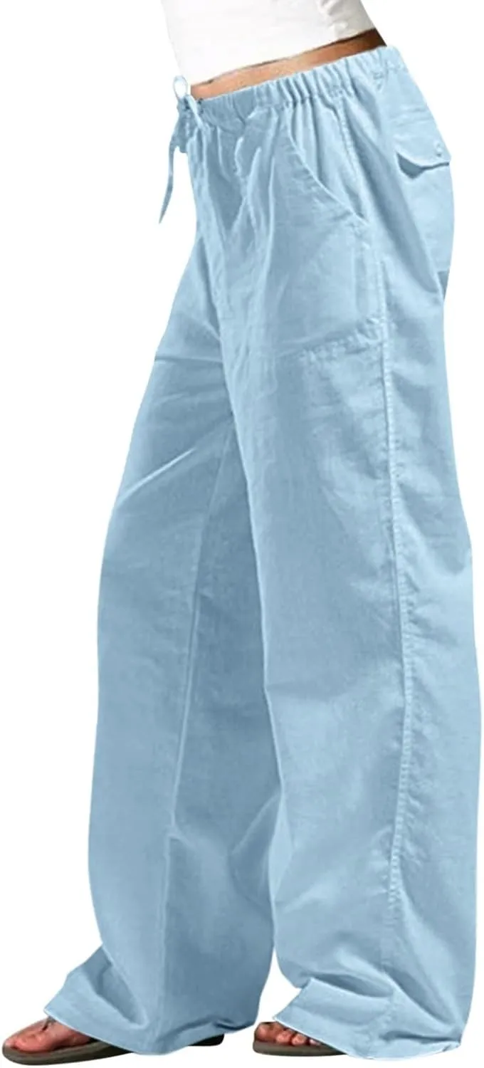 Wide Leg Linen Pants for Women Plus Size Drawstring High Waisted Palazzo Pants Baggy Flowy Boho Long Beach Pants 2025