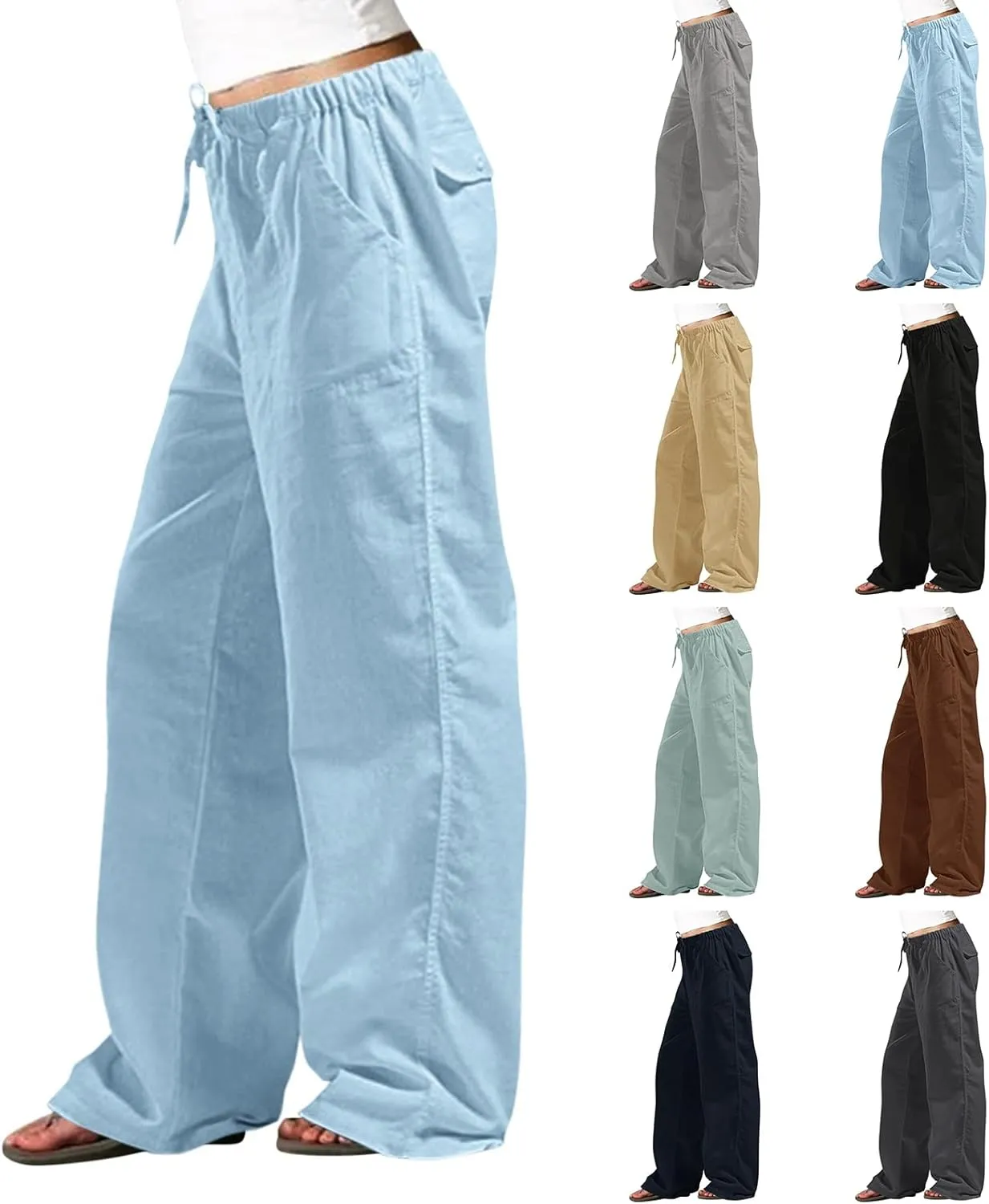 Wide Leg Linen Pants for Women Plus Size Drawstring High Waisted Palazzo Pants Baggy Flowy Boho Long Beach Pants 2025