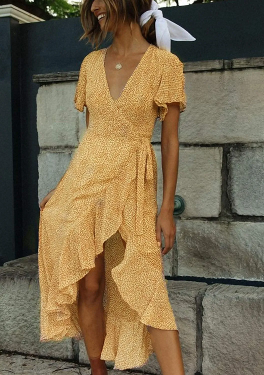 WIWIQS Women Summer New Floral Printed Irregularity Hem Short Sleeve Maxi Dress Casual V-Neck Beach Party Sundress